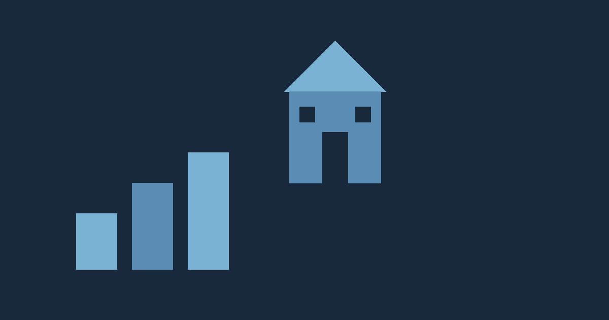 Flat navy illustration of a house and ascending bars representing biweekly mortgage payments savings